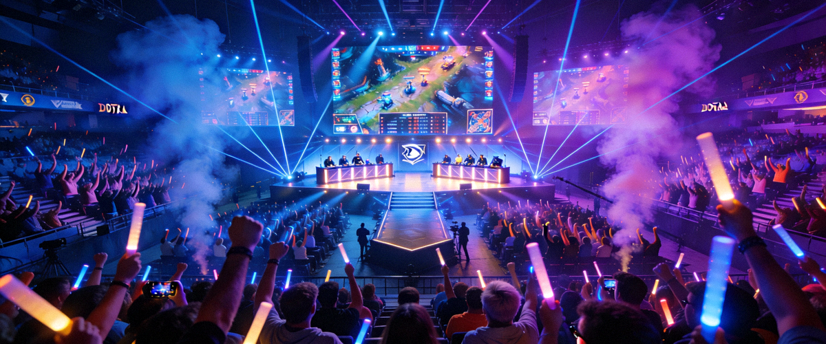 DOTA2国际邀请赛TI主舞台盛况 - 观众欢呼与绚丽的舞台灯光交织